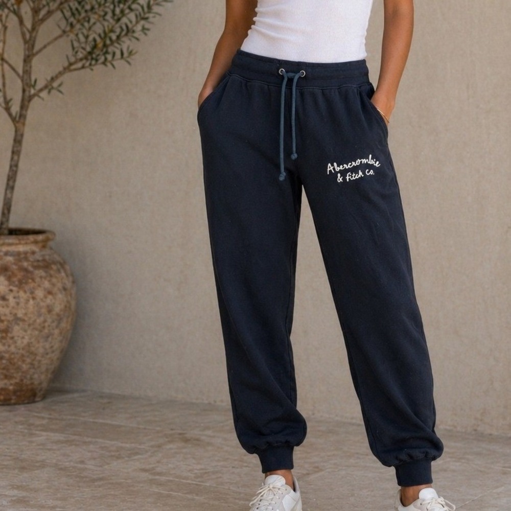 Abercrombie & Fitch Mens Medium Black Fleece Jogger Sweatpants Embroidered Logo